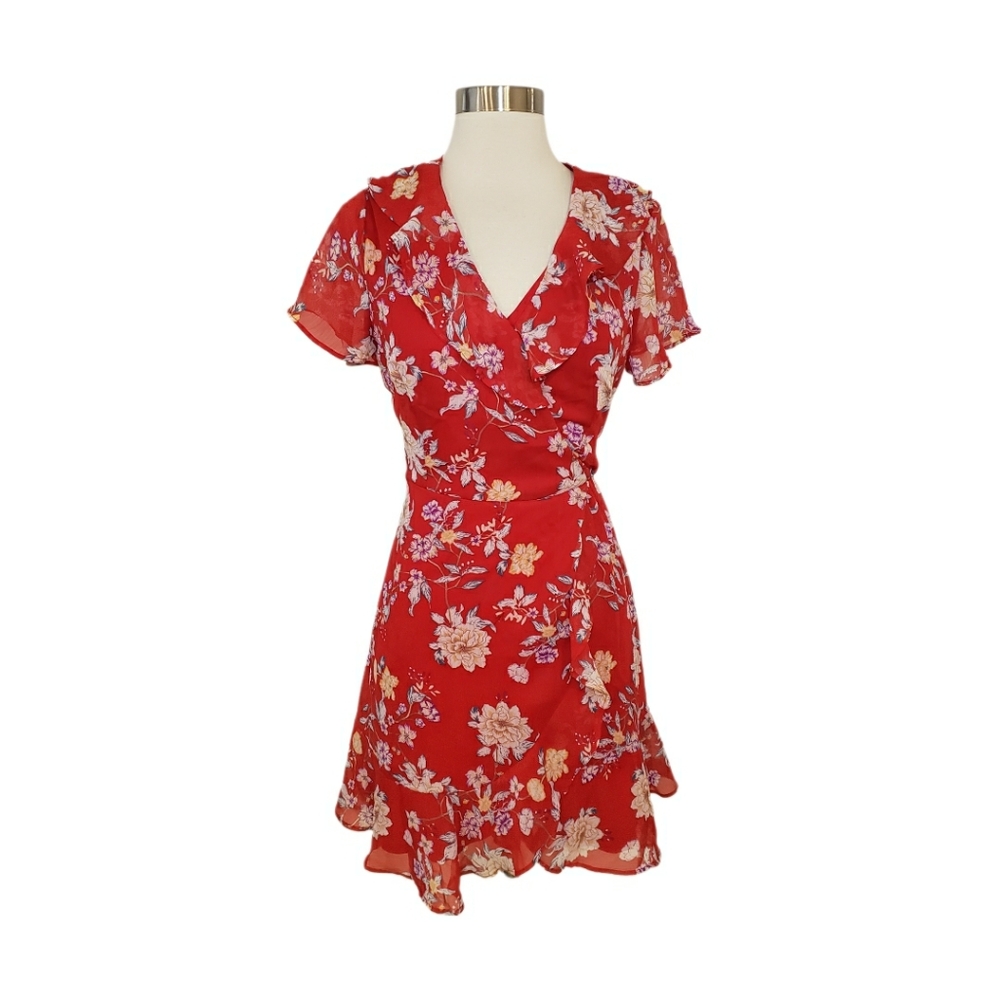 LUSH Small Red Floral Ruffled Short Sleeve Wrap Dress